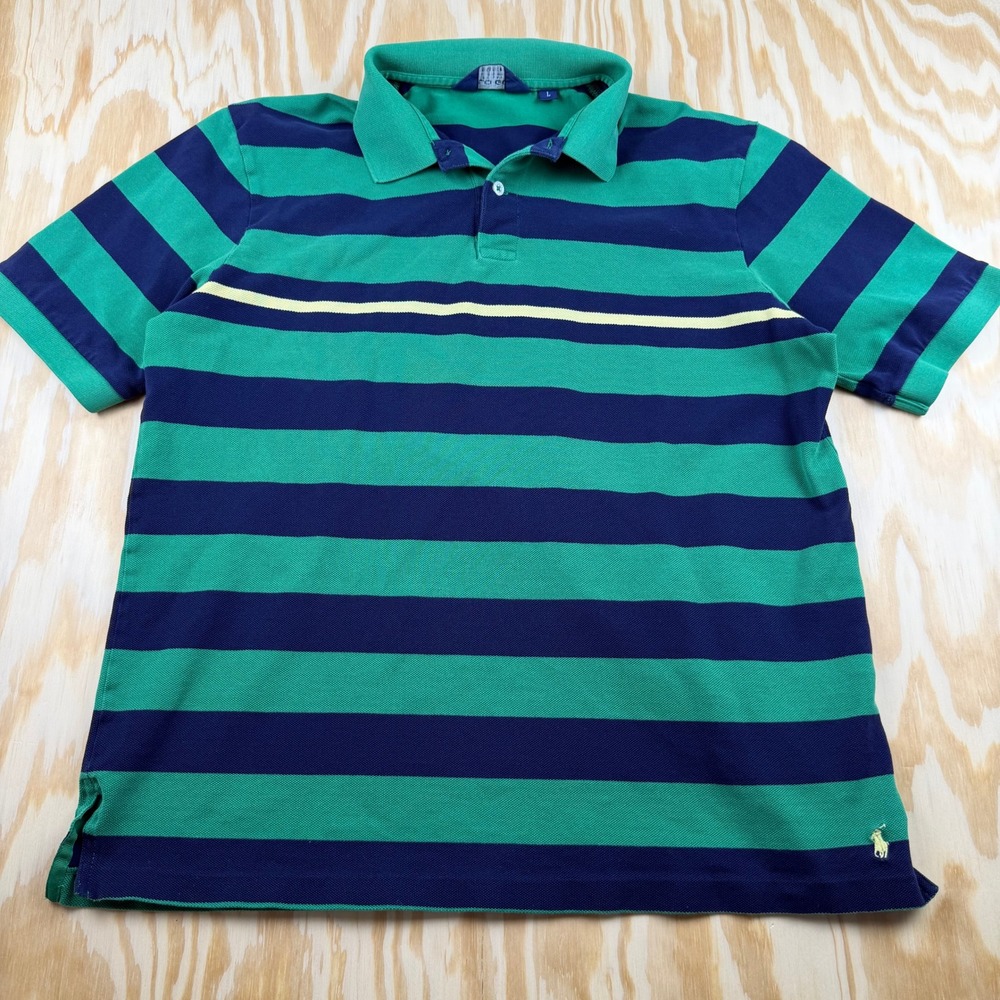 Polo Golf Ralph Lauren Mens Large Green Navy Striped Pima Cotton Polo Shirt L